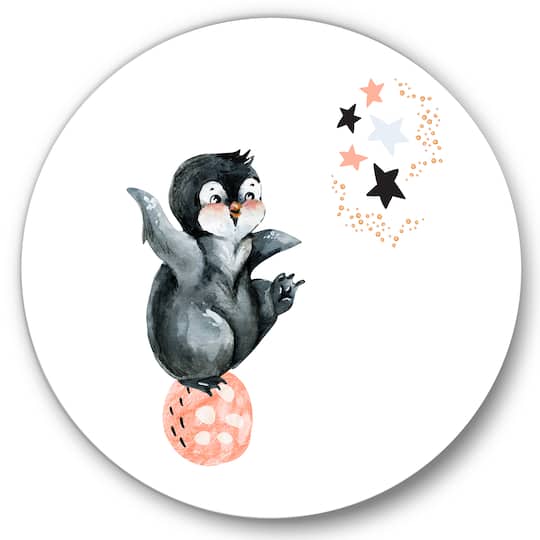 Designart - Little Penguin With Stars and Planets II - Farmhouse Metal Circle Wall Art